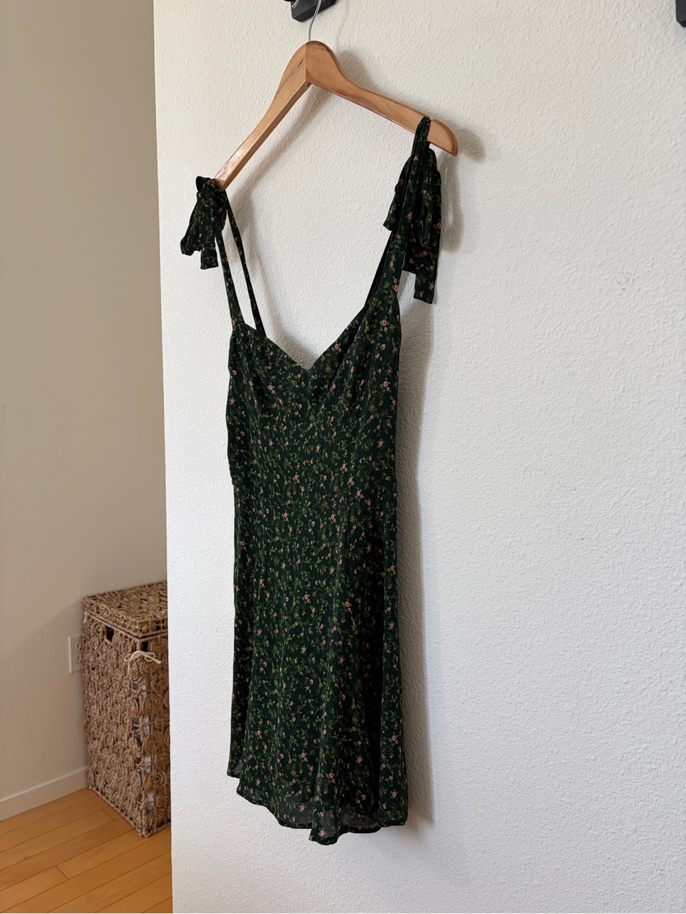 Reformation Dark Green Floral Tie-Shoulder Mini Dress